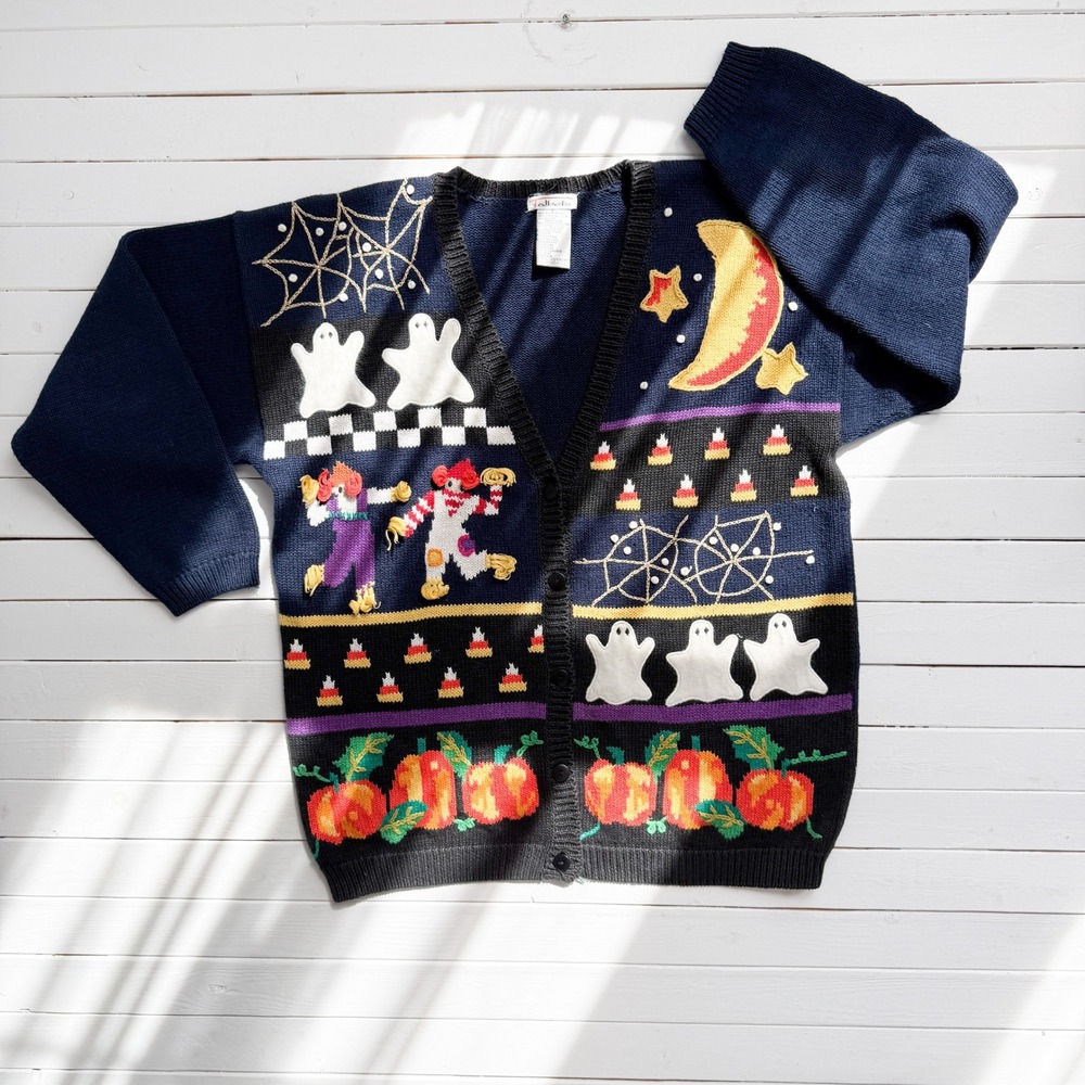Halloween‎ sweater 90s vtg Talbots pumpkin ghost cardigan sweater size L